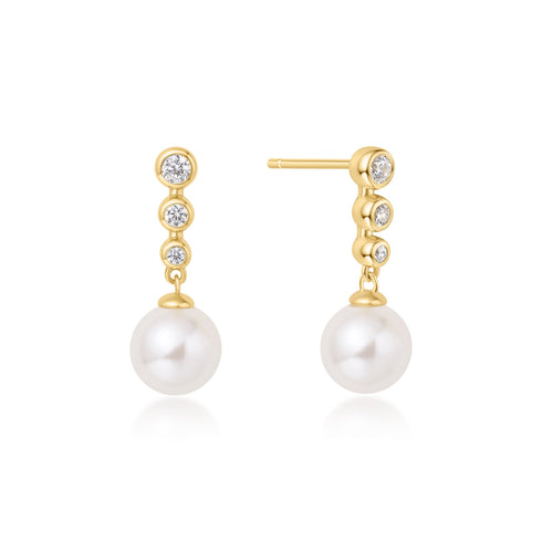 Gold Tennis Beaded Stone Shell Pearl Drop Stud Earrings